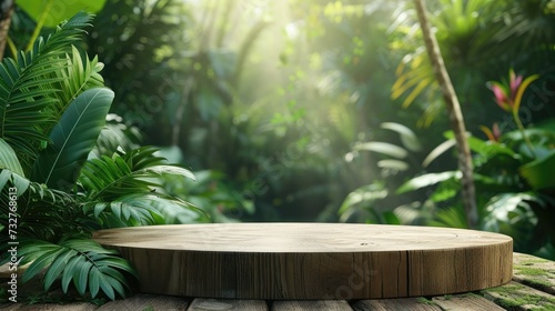 Wooden round platform in a dense, sunlit jungle setting.
