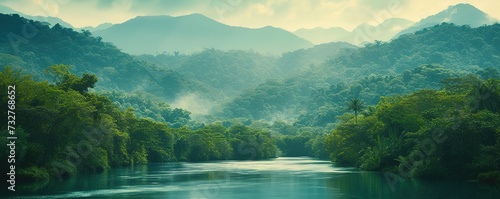 Tropical Rainforest Scenery in Warm Afternoon Glow  Dense Forests  Majestic Mountains  and Flowing Rivers Capturing Nature s Essence