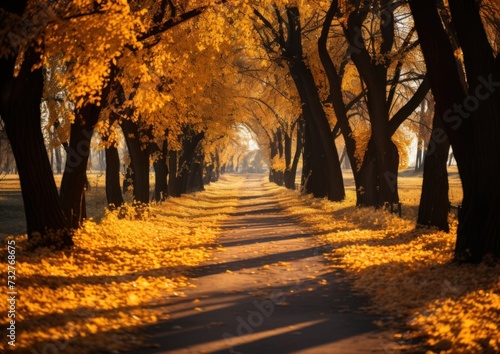 A Beautiful Road Lined With Yellow-Leaved Trees