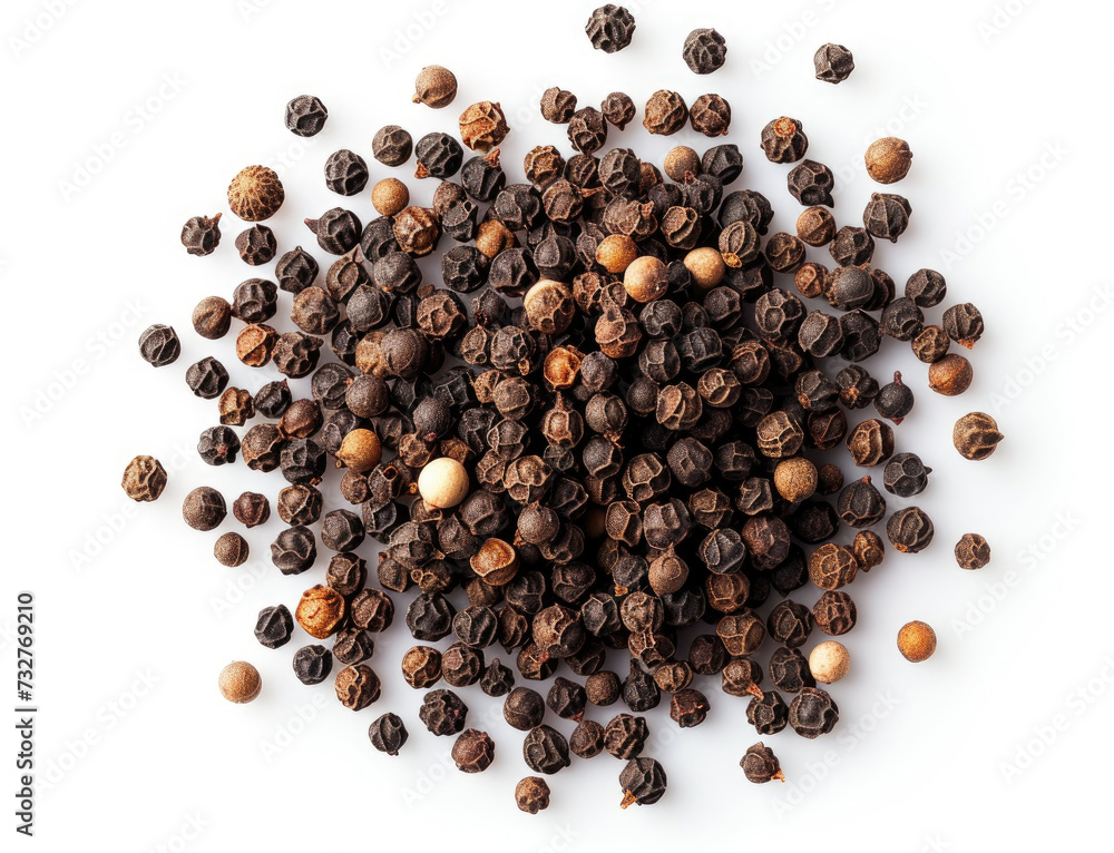 Close-Up View of Scattered Black Peppercorns on a White Background This image features a collection of black peppercorns spread out on a clean white surface, captured from above. Close-Up View of Scattered Black Peppercorns on a White Background This image features a collection of black peppercorns spread out on a clean white surface, captured from above.