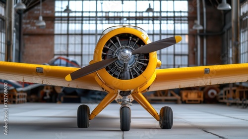 Frontal view of a yellow airplane