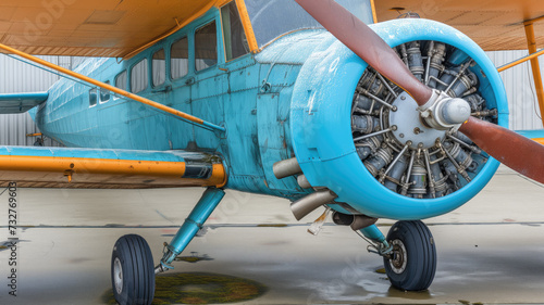 Vintage blue airplane with radial engine