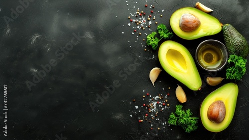 Avocado halves and oil on a dark background