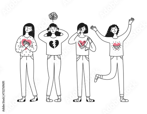 The character is a woman with a heart in different periods of crisis, stress, depression. Mental health. Positive thinking, struggle, healing. Vector doodle illustration