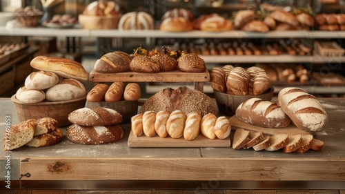 a quaint bakery, where artisanal bread varieties are artfully arranged on a rustic wooden counter, tempting passersby with their delicious aroma.