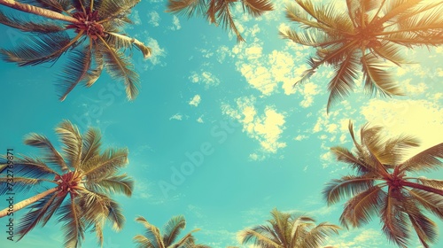 Majestic palm trees sway under a bright sunny sky. © AdriFerrer