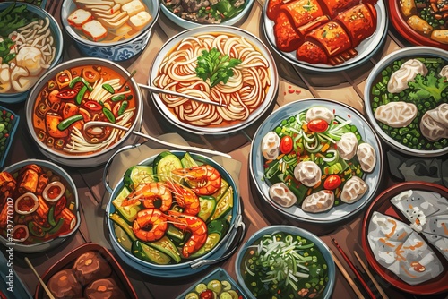 A Painting of Many Bowls of Food on a Table