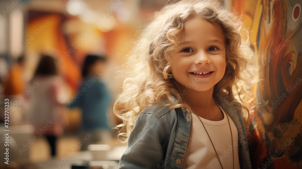 Smiling blonde curly-haired child in a vibrant art gallery setting