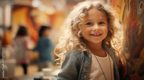 Smiling blonde curly-haired child in a vibrant art gallery setting