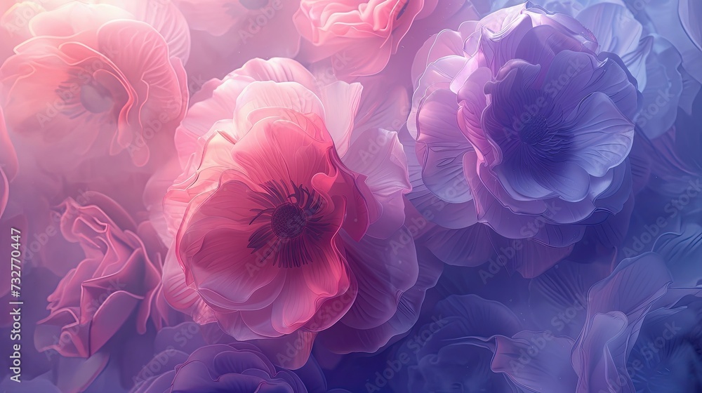 Dreamlike illustration of translucent flowers in purple and pink hues.