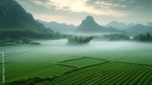 In the spring morning, the mature paddy field scenery, the white fog on the field. Generative AI.