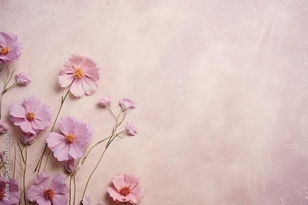 retro background with small summer colorful flowers in vintage style with free space for various inscriptions. antique wall with scuffs in shabby chic style. summer spring laconic natural background