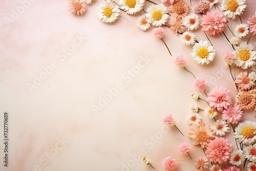 retro background with small summer colorful flowers in vintage style with free space for various inscriptions. antique wall with scuffs in shabby chic style. summer spring laconic natural background