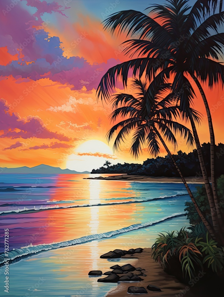 Silhouetted Palm Beaches at Dawn: Vibrant Landscape Painting and Beach Art