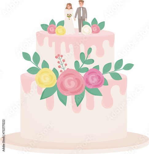 Wedding two-tier cake with flowers and leaves. Cake decorated with roses and bride and groom figurine. Decorated dessert. Colored vector illustration isolated on white background.