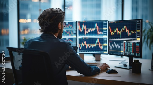 A man professional stock trader sitting at an office desk, using a desktop computer with trading charts on the screen. Generative AI.