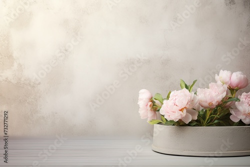 retro background with peonies in vintage style with free space for inscriptions. antique wall with scuffs in shabby chic style. summer spring laconic natural background photo