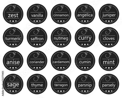 Stickers or labels for jars of spices and herbs.Set of 20 vector stickers.Zest,vanilla,curry,cumin,mint,saffron etc. 
