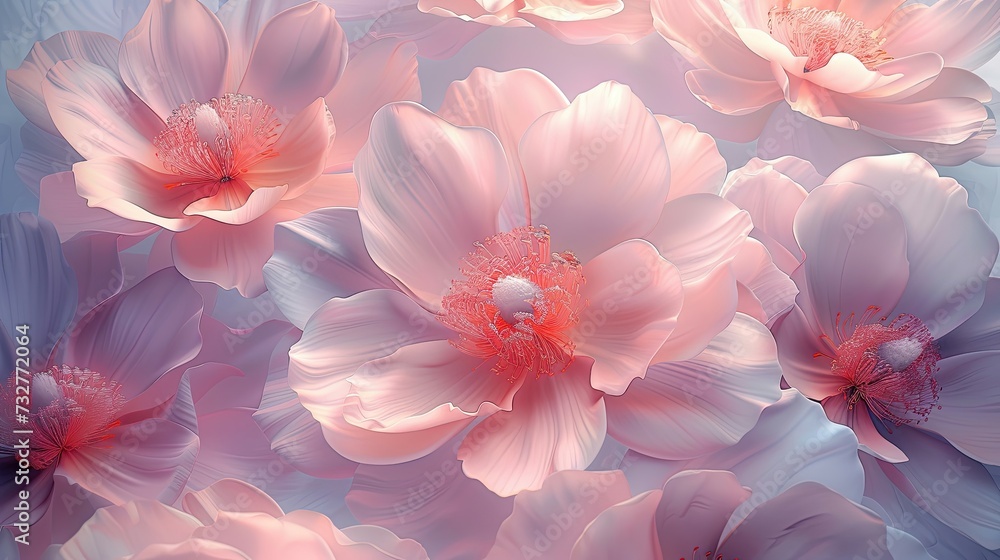 Large soft pink flowers with detailed red centers, on a blue background.