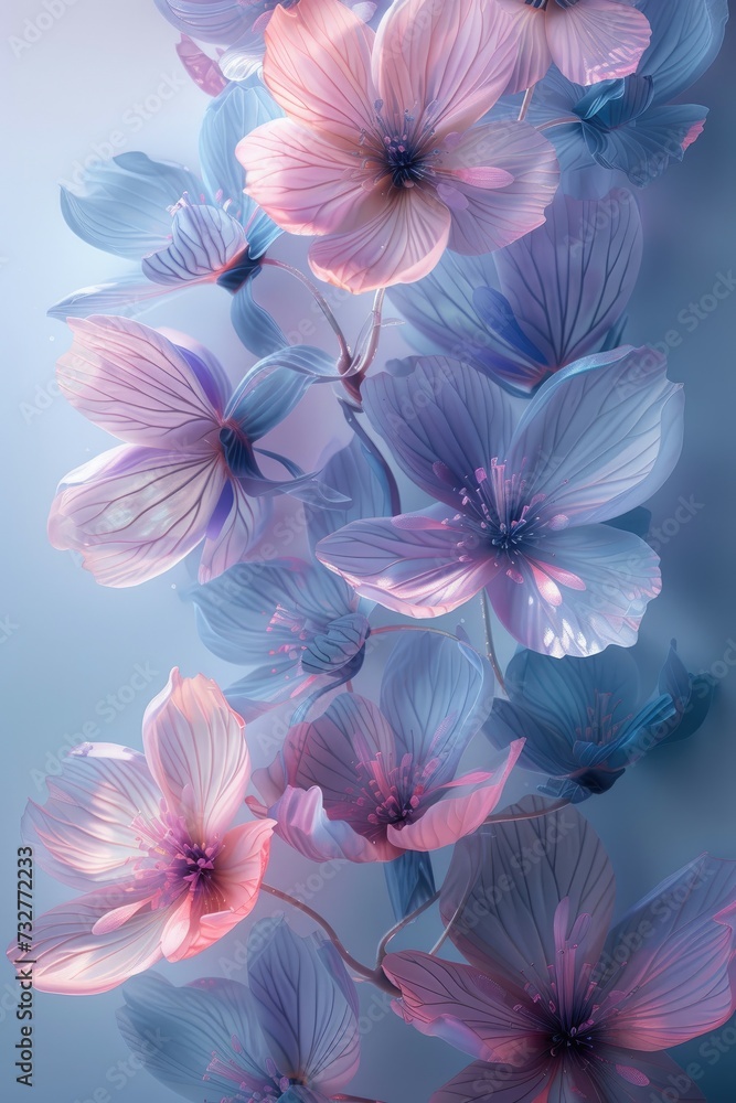 Transparent blue and pink flowers against a light blue backdrop. Transparent blue and pink flowers against a light blue backdrop.
