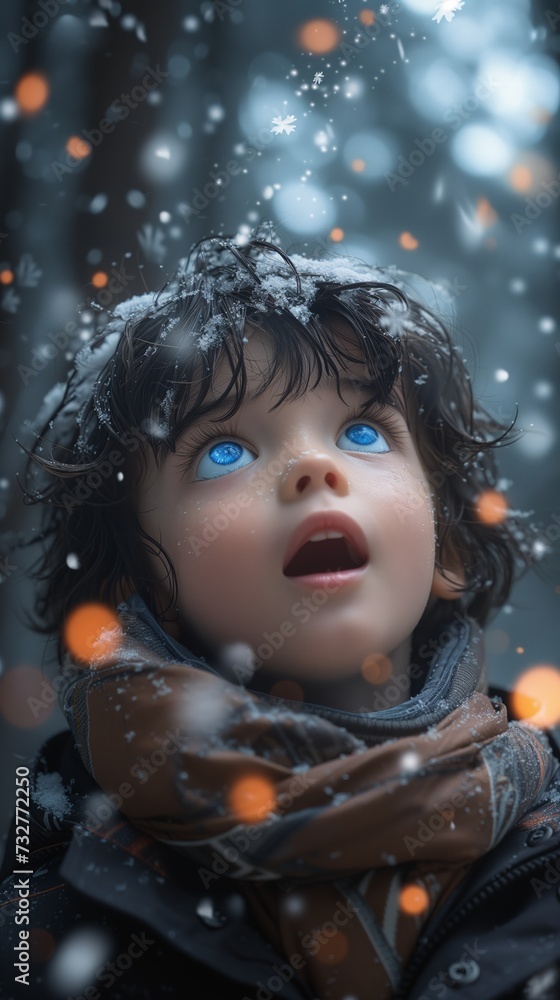 Close up portrait of a beautiful boy with blue eyes looking up at falling snowflakes. View from above. The first snow encounter. Close up portrait of a beautiful boy with blue eyes looking up at falling snowflakes. View from above. The first snow encounter.