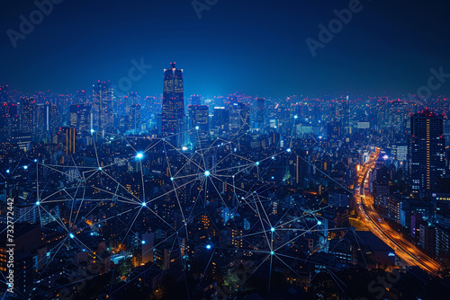 A city skyline illuminated by a web of interconnected lights, representing the global nature of energy consumption and resource distribution. Concept of sustainable energy. Generative Ai.