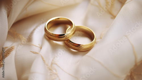 A pair of gold wedding rings on silk fabric