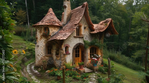 a small house cleverly designed to resemble a castle, nestled amidst rolling hills and surrounded by whimsical gardens, invoking a sense of fairy-tale charm.