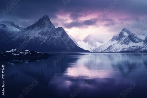 Purple mountains and fjord. Generative AI