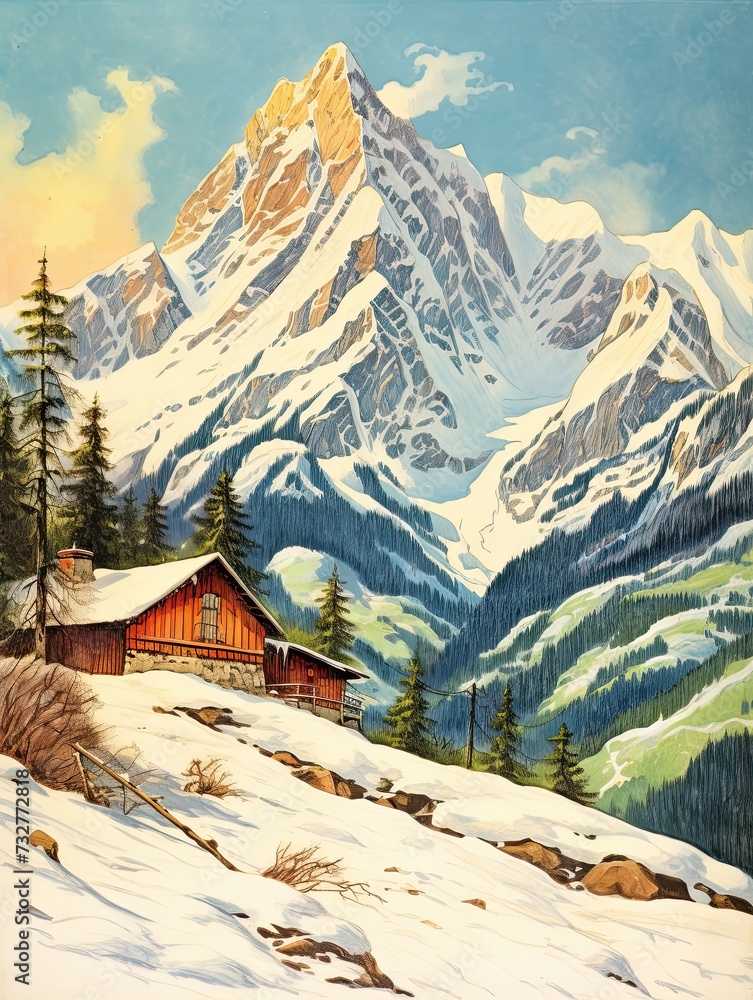 Snow-Capped Alpine Lodges Vintage Art Print: Nature Landscape Winter Decor