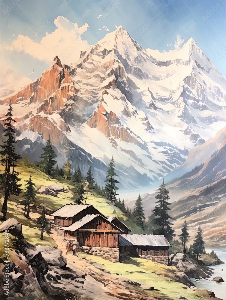 Snow-Capped Alpine Lodges: Vintage Painting Mountain Wall Art, Nature Scene