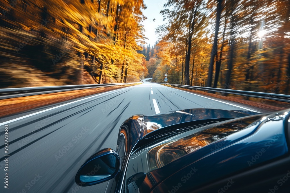 Car Driving Down Road With Trees in Background Car Driving Down Road With Trees in Background