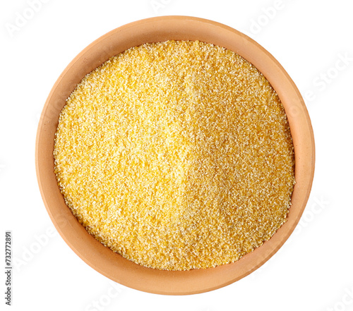 Εκτύπωση καμβά Corn polenta in clay pot, uncooked isolated on white, top view