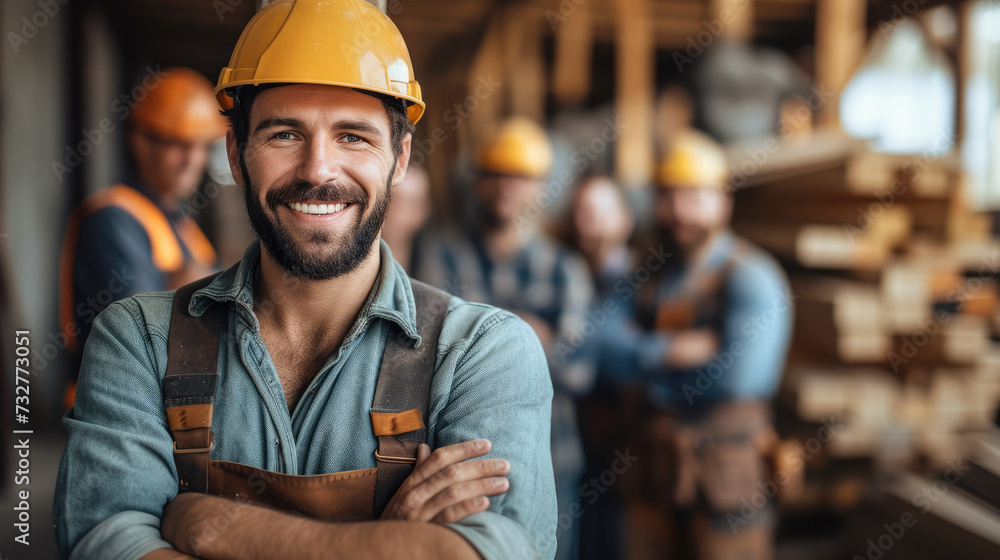 A male carpenter standing in the wood workshop. Generative AI. A male carpenter standing in the wood workshop. Generative AI.