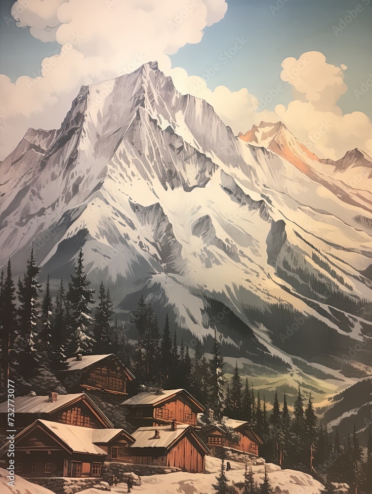 Snow-Capped Alpine Lodges: Vintage Mountain Landscape Wall Art