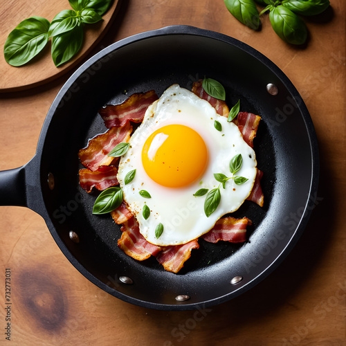 Pan with fried egg, bacon and basil leaves. View from above. Generative AI