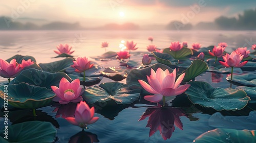 Serene scene of pink lotus flowers on tranquil waters at sunrise. #732773043