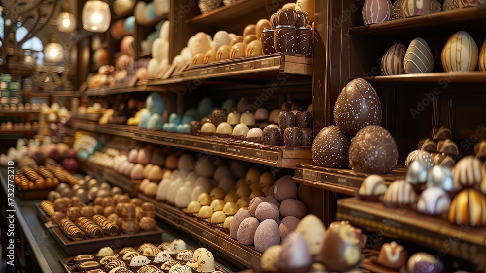 an artisanal chocolate shop adorned with vibrant displays of intricately crafted chocolate sculptures and delectable treats, inviting visitors to indulge in the sweetness of the season.