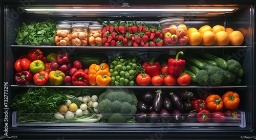 A vibrant and healthy lifestyle captured in a single frame, showcasing a colorful array of locally sourced produce and nutrient-rich superfoods neatly arranged in an indoor refrigerator, ready to be 
