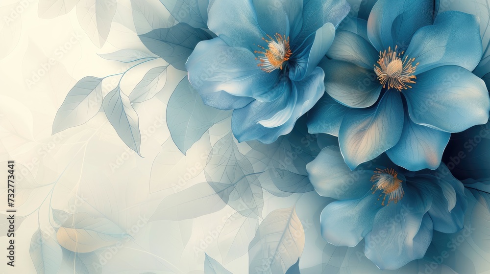 Soft blue flowers with a delicate white overlay. - obrazy, fototapety, plakaty 