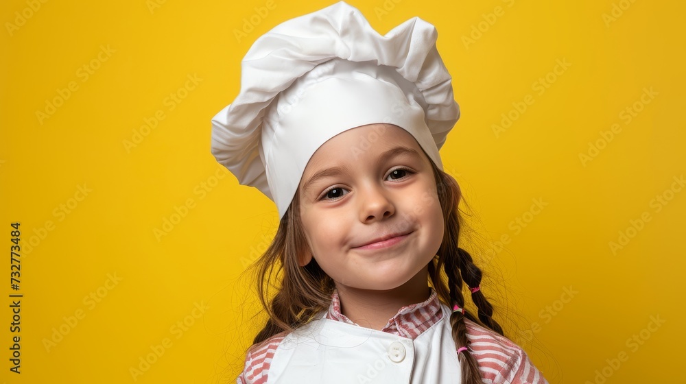 Smiling little girl wearing a chef costume with a white hat, isolated on yellow background, with copy space, promoting cooking for kids. Smiling little girl wearing a chef costume with a white hat, isolated on yellow background, with copy space, promoting cooking for kids.