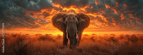 a majestic elephant with golden trunk standing against the sunset