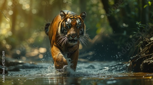 A Bengal Tiger Navigates the Serene Stream, Its Presence a Testament to Nature's Untamed Beauty.