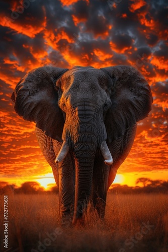 a majestic elephant with golden trunk standing against the sunset