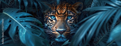 an image of leopard hidden in a grove of tropical leaf