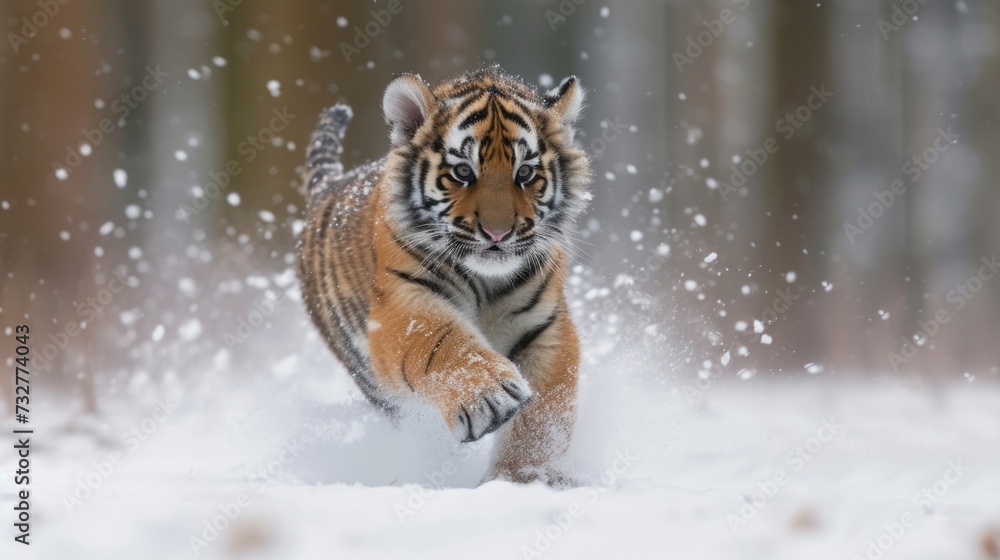 Obraz premium Energetic Tiger Cub Captured Mid-Run, Snowflakes Kicking Up Around Its Paws.