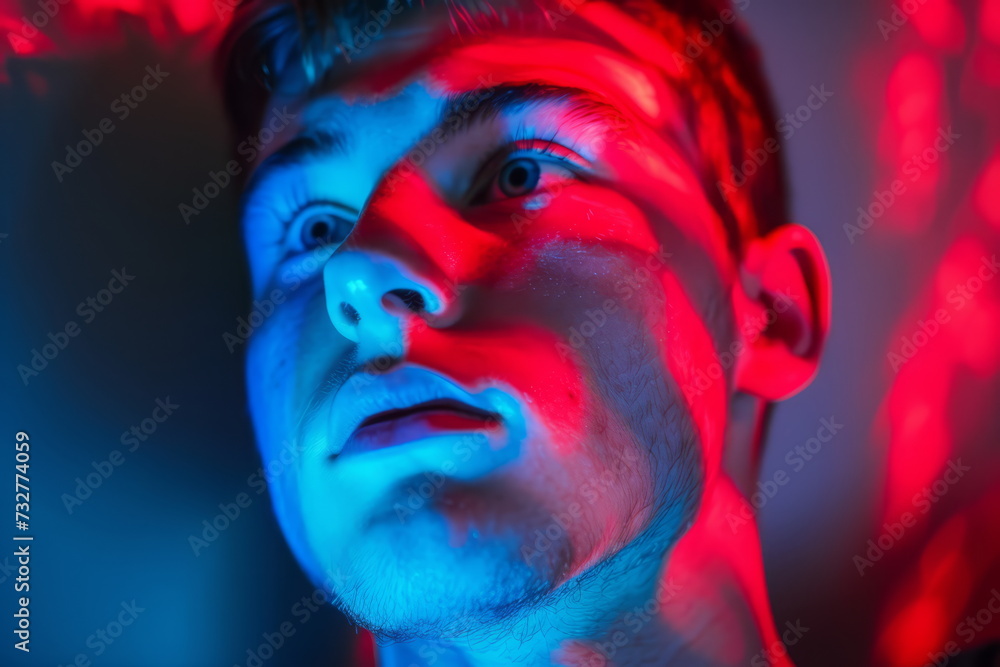 Bipolar disorder is depicted in this portrait through the interplay of red and blue lights, symbolizing the emotional highs and lows experienced by individuals with the condition. Bipolar disorder is depicted in this portrait through the interplay of red and blue lights, symbolizing the emotional highs and lows experienced by individuals with the condition.