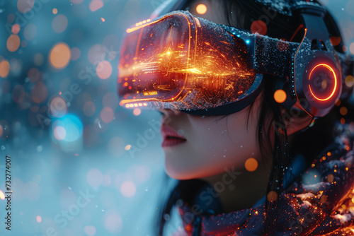 An individual immersed in virtual reality on a digital landscape  highlighting the intersection of technology and virtual experiences. Concept of virtual immersion. Generative Ai.