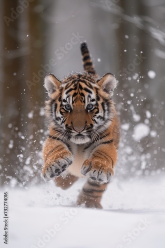 Energetic Tiger Cub Captured Mid-Run, Snowflakes Kicking Up Around Its Paws.