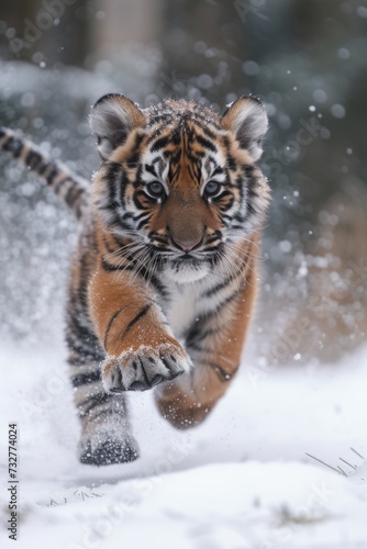 Winter's Young Predator: Tiger Cub Dashing Through Snow, A Burst of Youthful Energy in a Pristine White Landscape.
